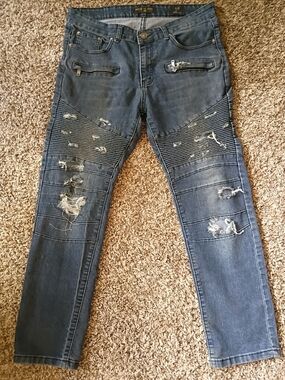 Ring of Fire Men's Distressed Dark Blue Slim Moto Jeans